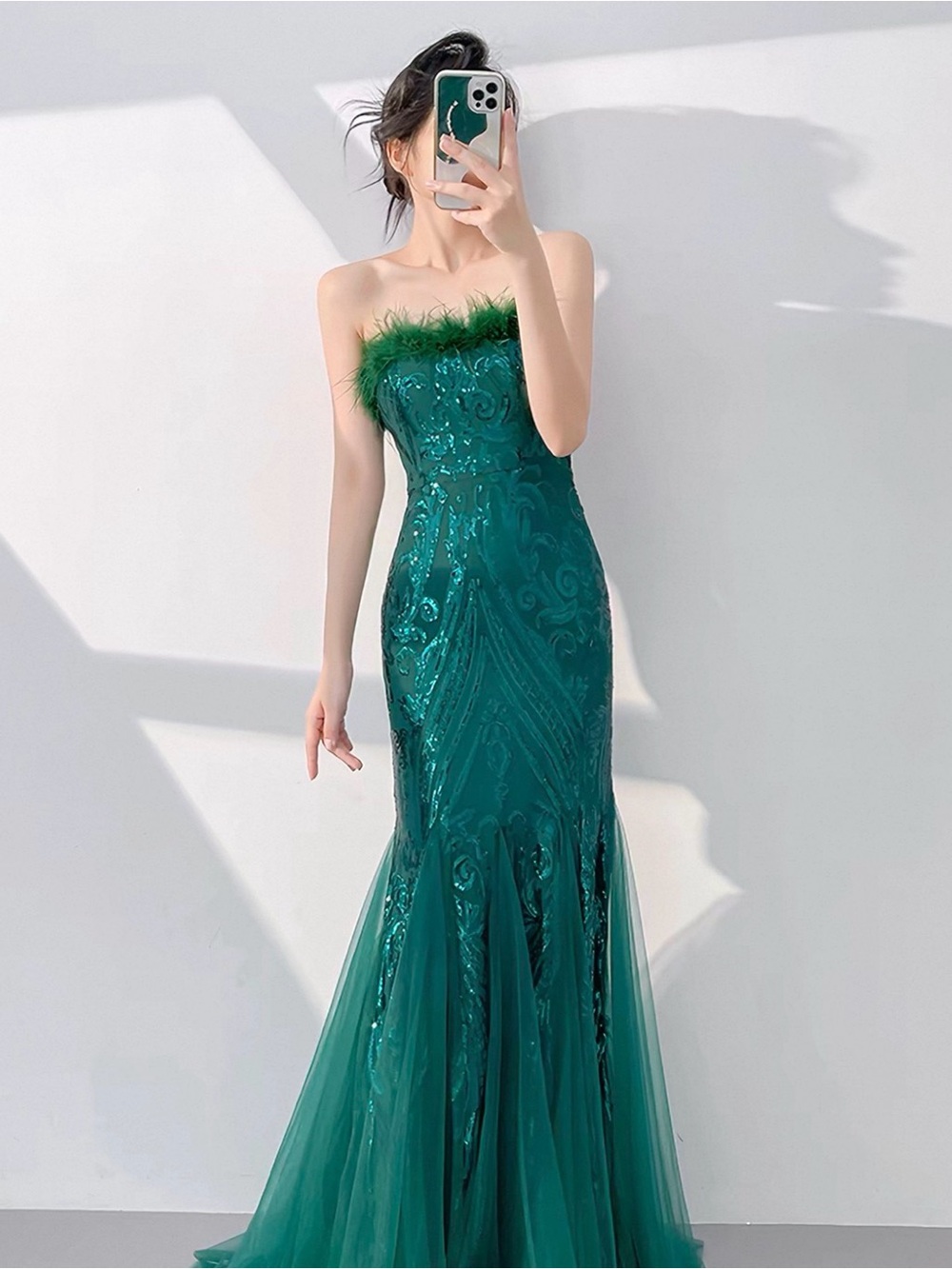 Emerald Sequin Formal Dress with Feather Trim